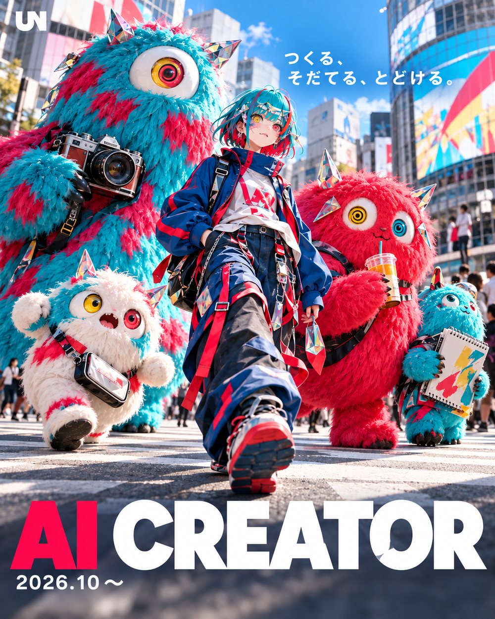 キャラクターたちと街を歩くAIクリエイター